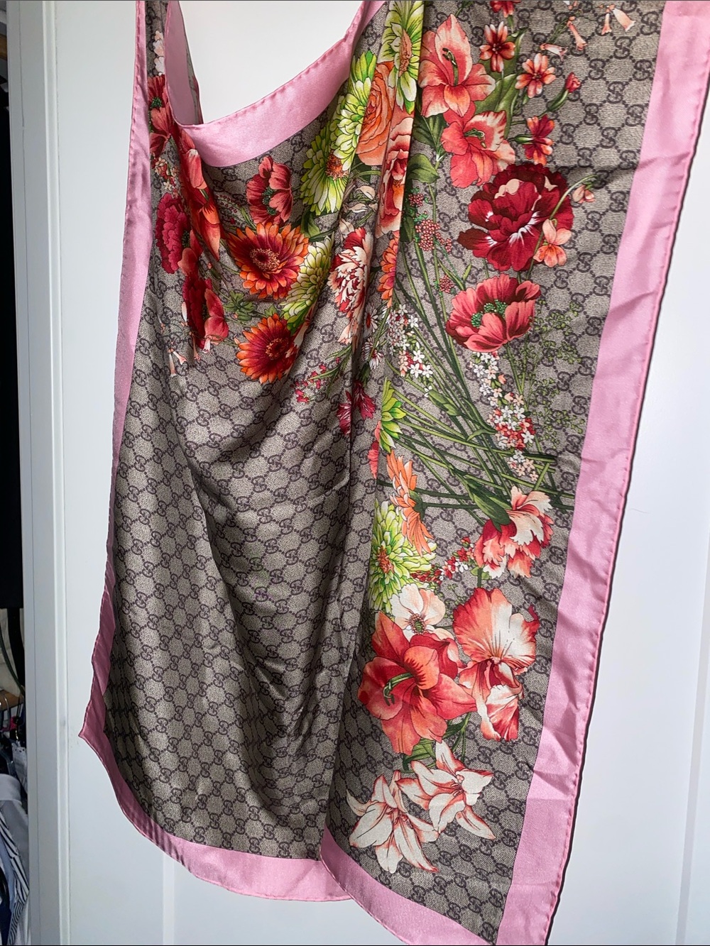 Gucci Brown GG Floral Silk Scarf with Pink Border